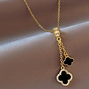 18k Gold Plated Stainless Steel Y-Shaped Black Clover Charm Necklace, Zircons